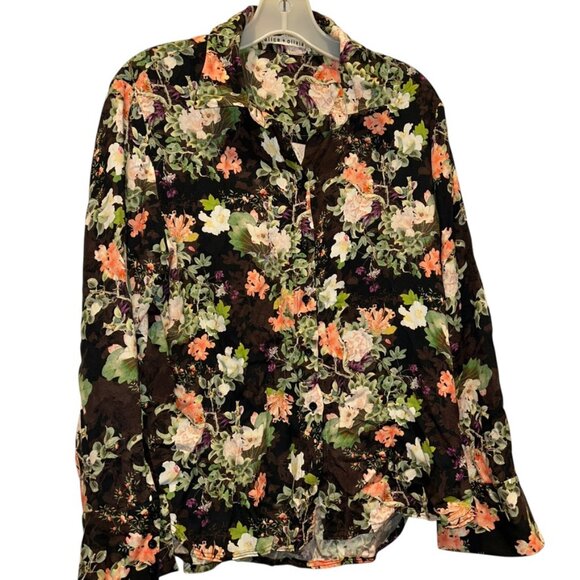 alice + olivia black cabbage rose floral print button down top M - Picture 1 of 6